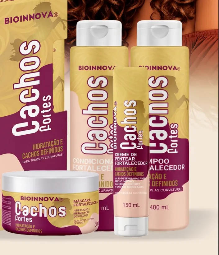Linha Cachos Fortes: shampoo, condicionador, creme de pentear e máscara