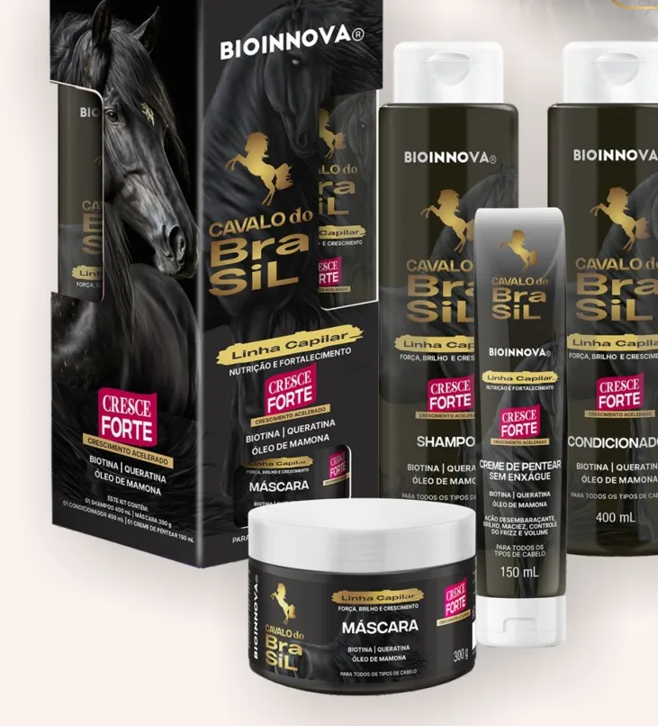 Linha Cavalo do Brasil com shampoo, condicionador e máscara