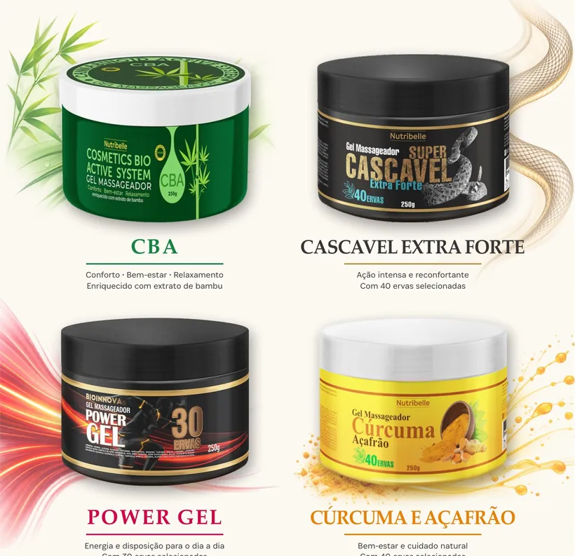 Géis massageadores CBA, Cascavel Extra Forte, Power Gel e Cúrcuma e Açafrão
